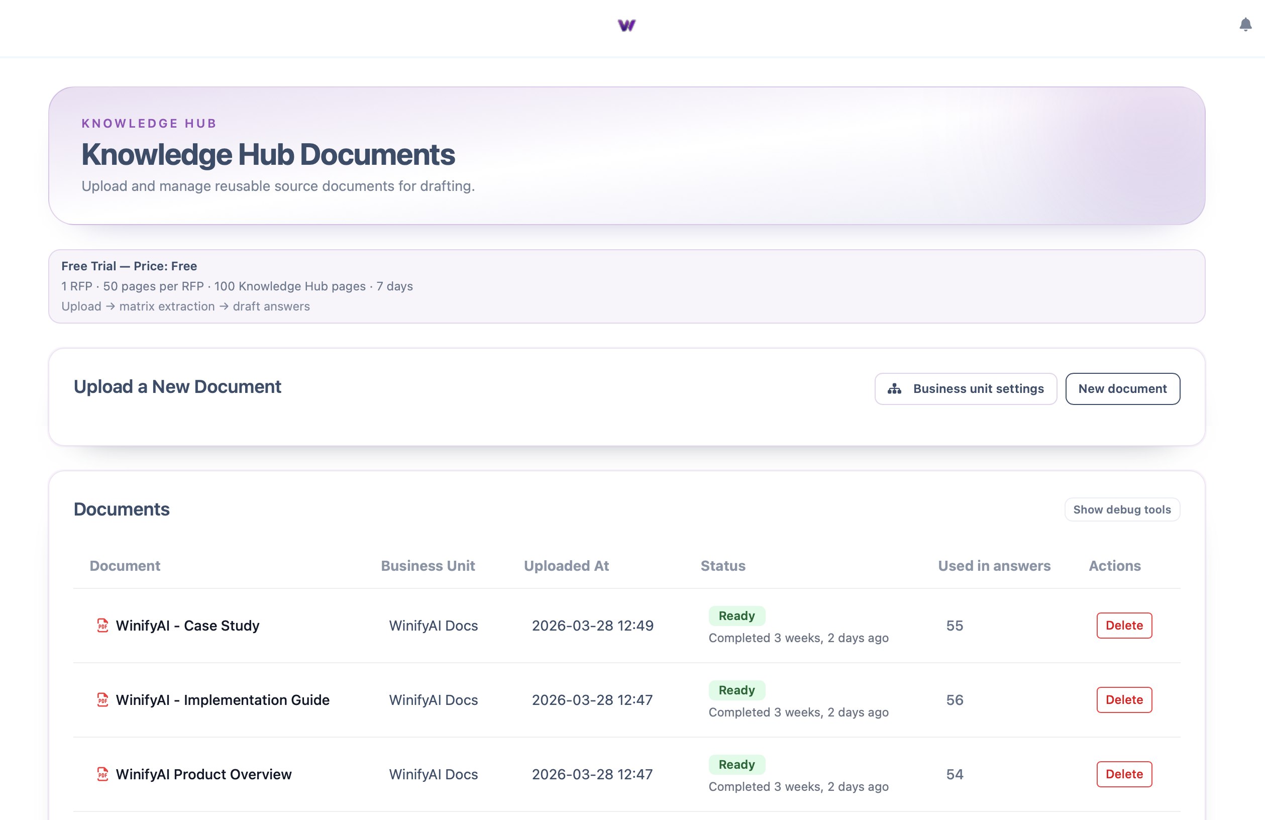 Winify AI Knowledge Hub showing reusable proposal documents and answer-library content